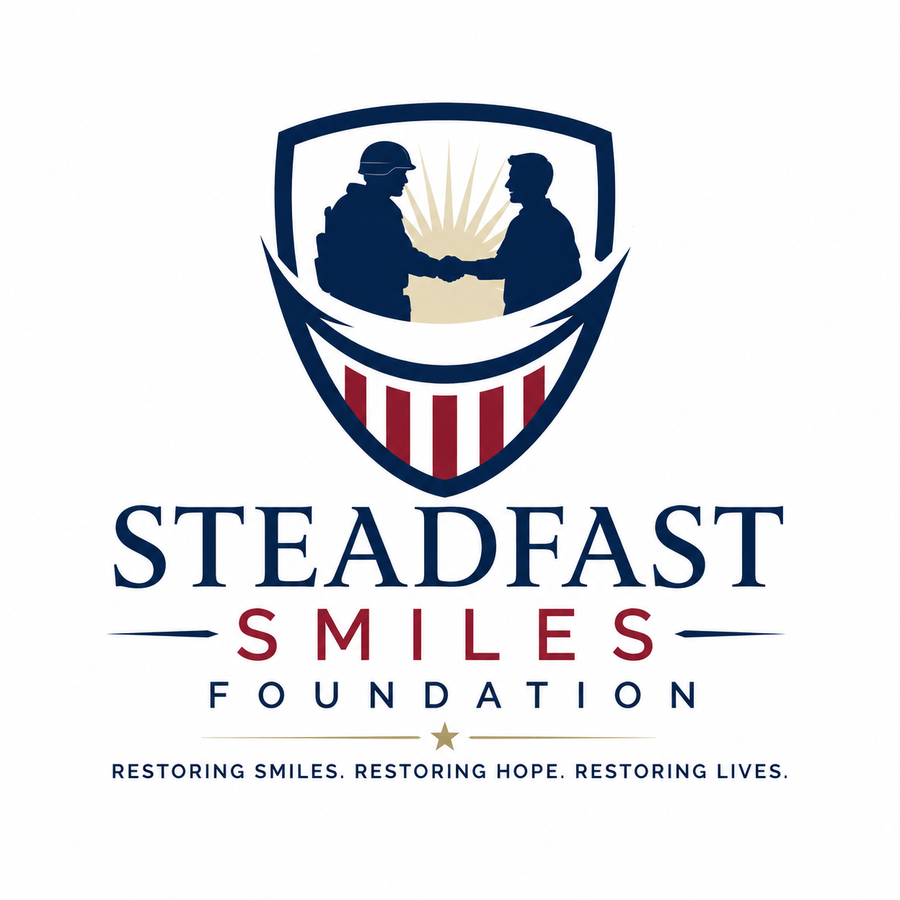 Steadfast Smiles Foundation logo: a veteran and a neighbor shaking hands inside a shield shaped like a smile